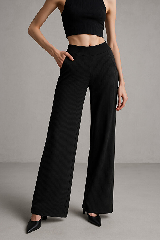 Women's Black Pocketed Wide Leg Corded Fabric Pants