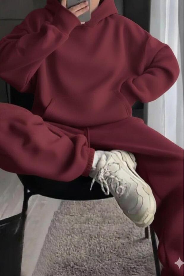 Women's Burgundy Hooded Burgundy Tracksuit Bottom Top Set