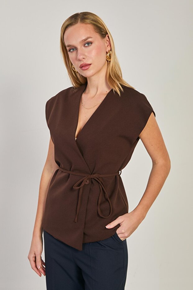 Women's Double-Breasted Collar Single Button Vest - Brown