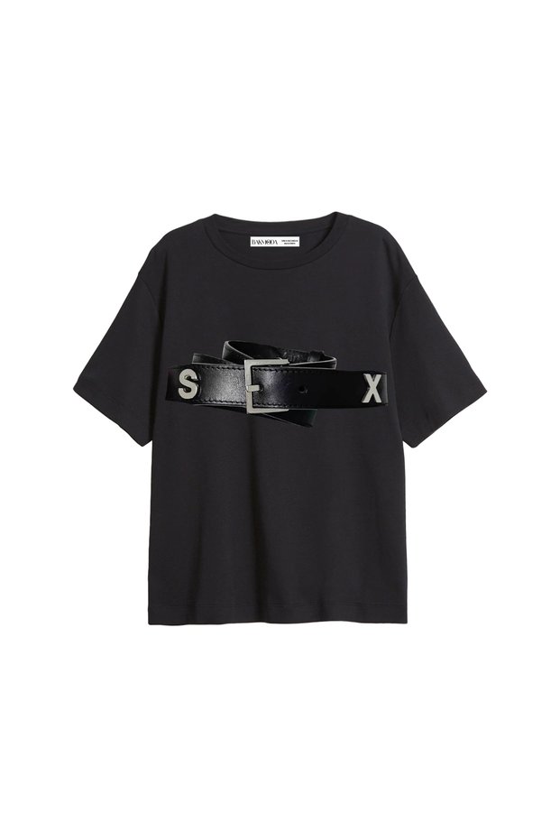 Hot Belt Printed Relaxed Fit Black Women's Tshirt