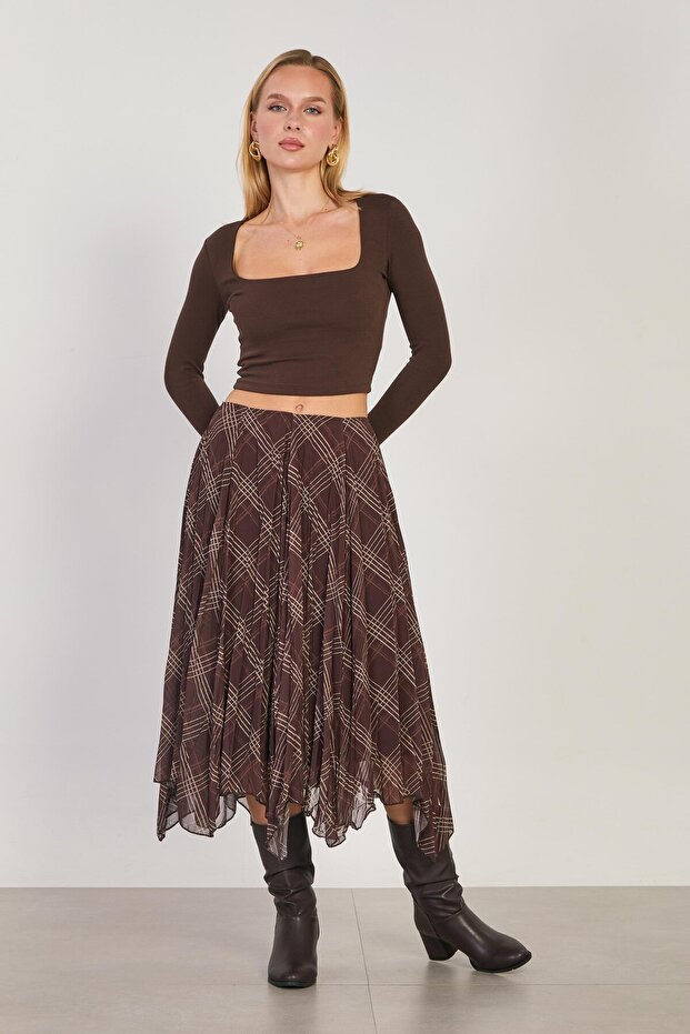 Women's Asymmetrical Cut Plaid Skirt - Brown
