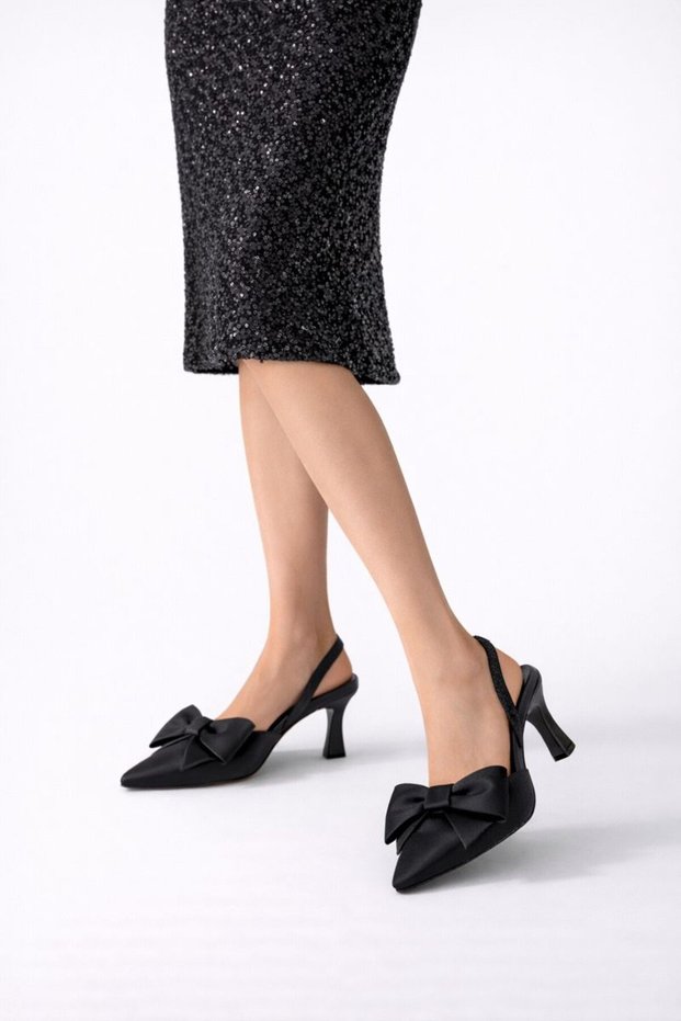 Women's Black Satin Bow Detailed Evening Dress Shoes 8.5 cm Byndstnf01