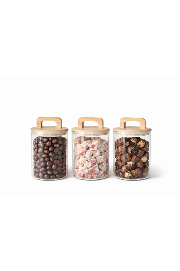3-Piece Glass Jar with Bamboo Handle and Lid 500 ml – Transparent Storage Jar with Vertical Stripes