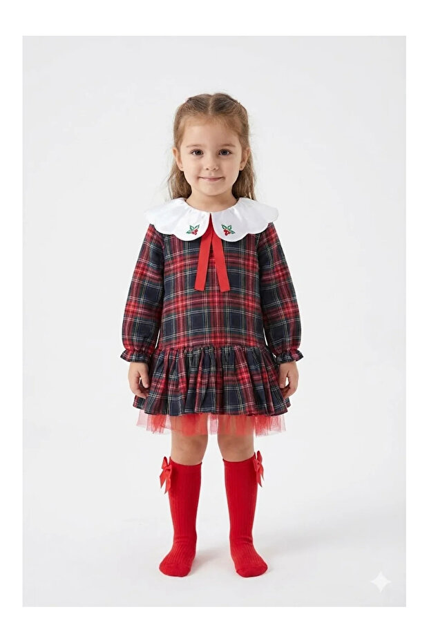 Girl's Red Plaid Dress with Socks Gift - Kokina Embroidered Tutu Outfit