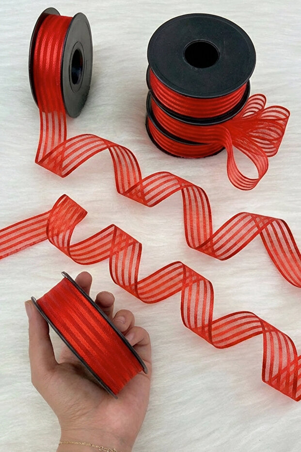 Red Hilton Striped Chiffon Ribbon 2.5 cm 20 Meters, Bride, Groom, Bundle, Engagement, Dowry, Gift Decoration
