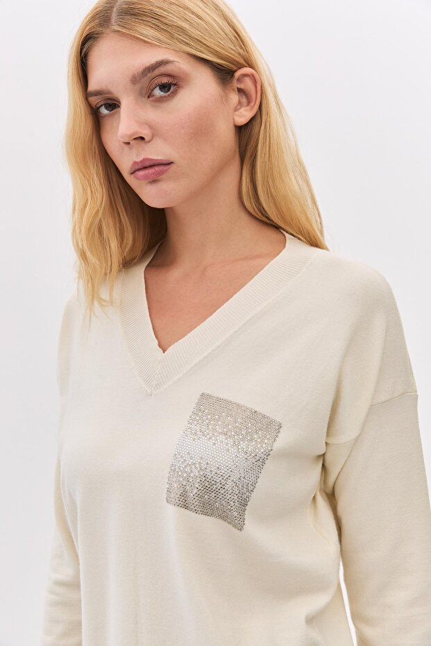 V Yaka Basic Taş Cepli Triko - 4