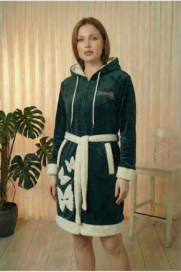 Women's Zippered Hooded Butterfly Embroidered Ultrasoft Bathrobe
