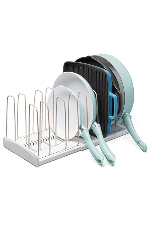 Youcopia Storemore Expandable Cookware Rack Adjustable Pan Organizer for Kitchen Cabinet Storage, Made from Durable Plastic and Steel, White - 50138