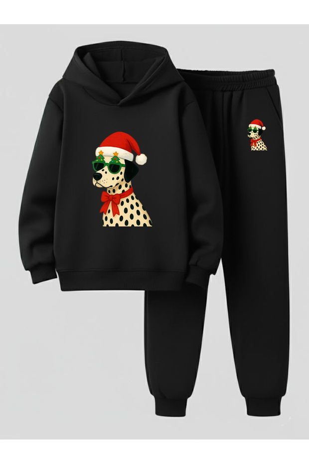 Hooded Children's Sweatshirt - Tracksuit Set Dog with Spotted Hat Printed