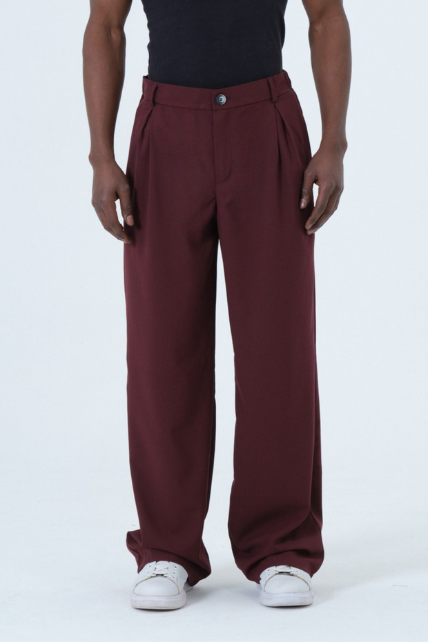 Men's Burgundy Fabric Trousers Relaxed Fit Pleated Wide Leg S-12Xl