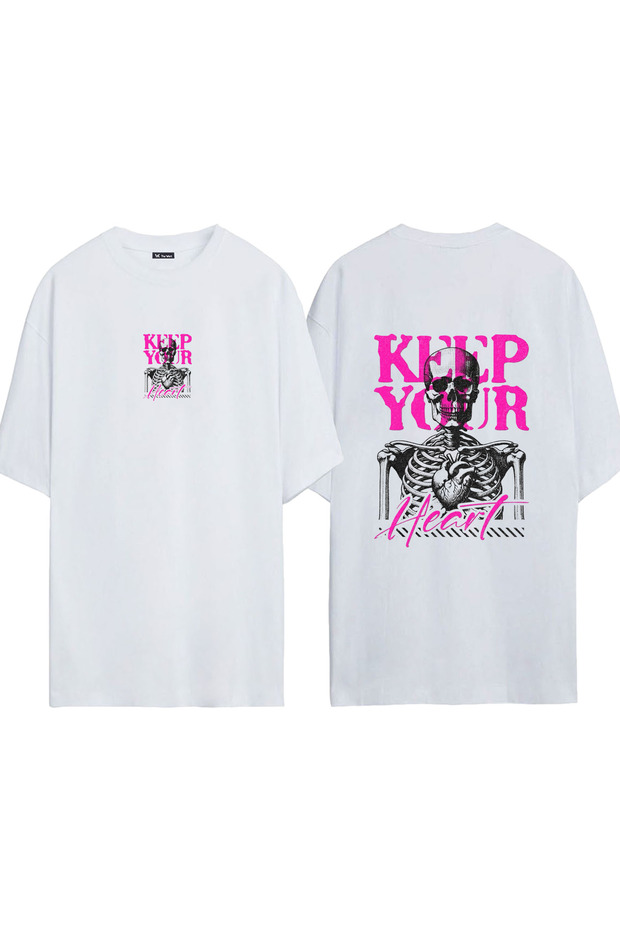 Keep Your Heart Oversized Design Printed White T-Shirt