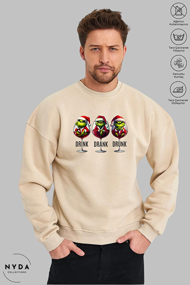 Unisex Long Sleeve Drink-Drank-Drunk Printed Crew Neck Hoodless Fleece-Lined Oversized Sweatshirt