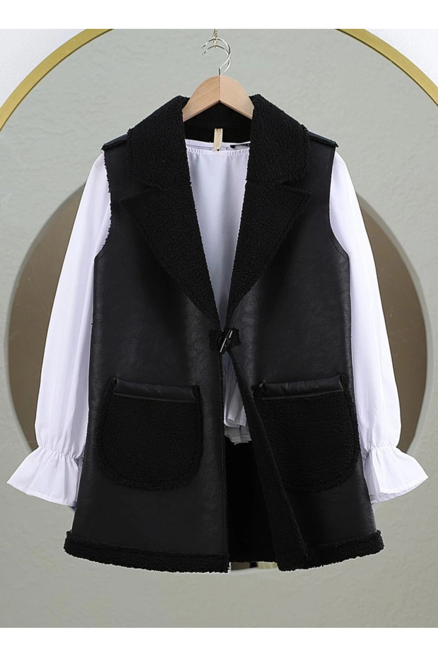 سترة بجيبين مزدوجين من قماش الحملان الناعم - أسود - 2