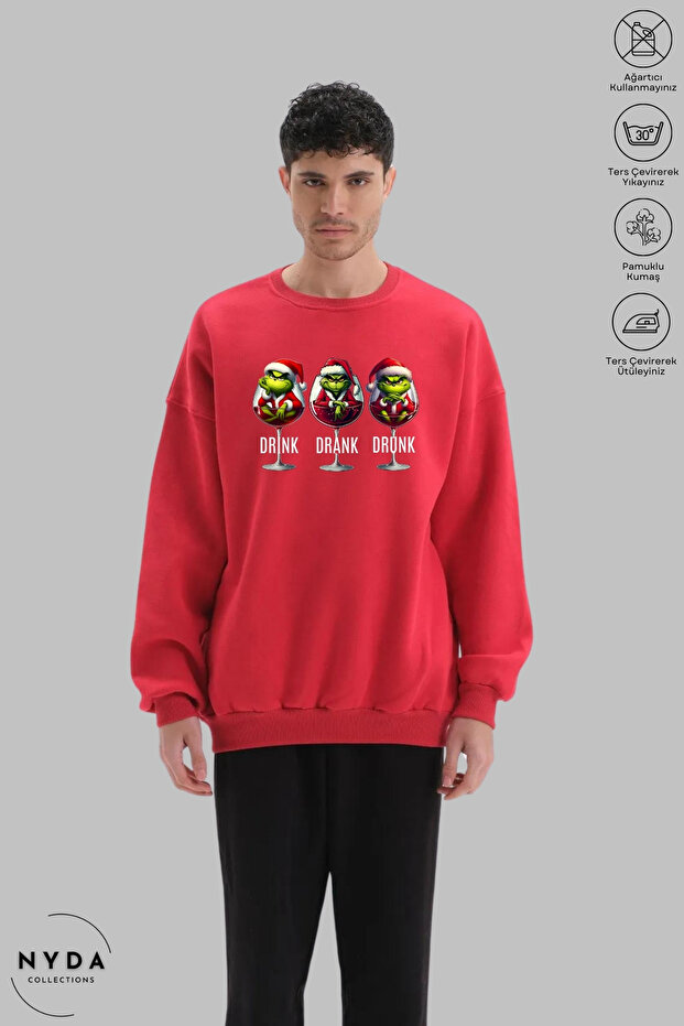Unisex Long Sleeve Drink-Drank-Drunk Printed Crew Neck Hoodless Fleece-Lined Oversized Sweatshirt
