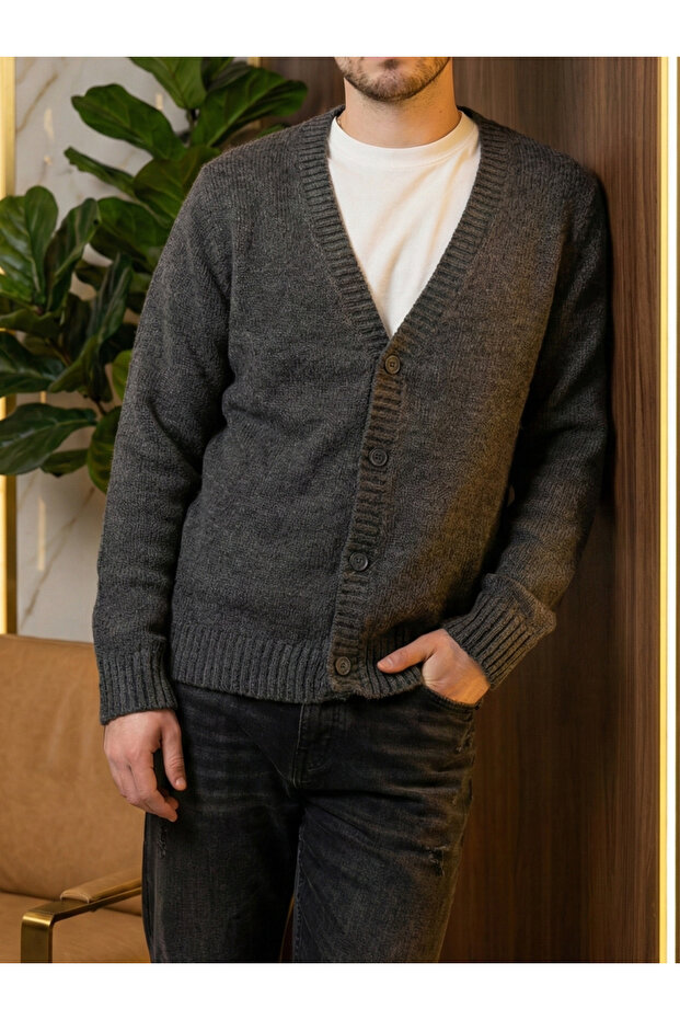 Gri Dökümlü Basic Hırka - 1