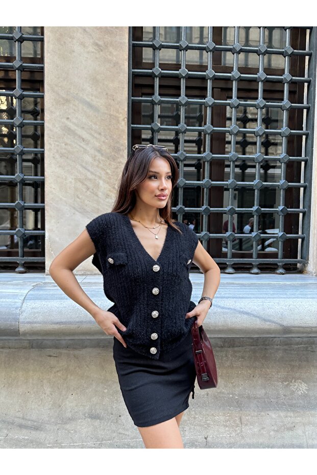 Angora Vest with Button Detail