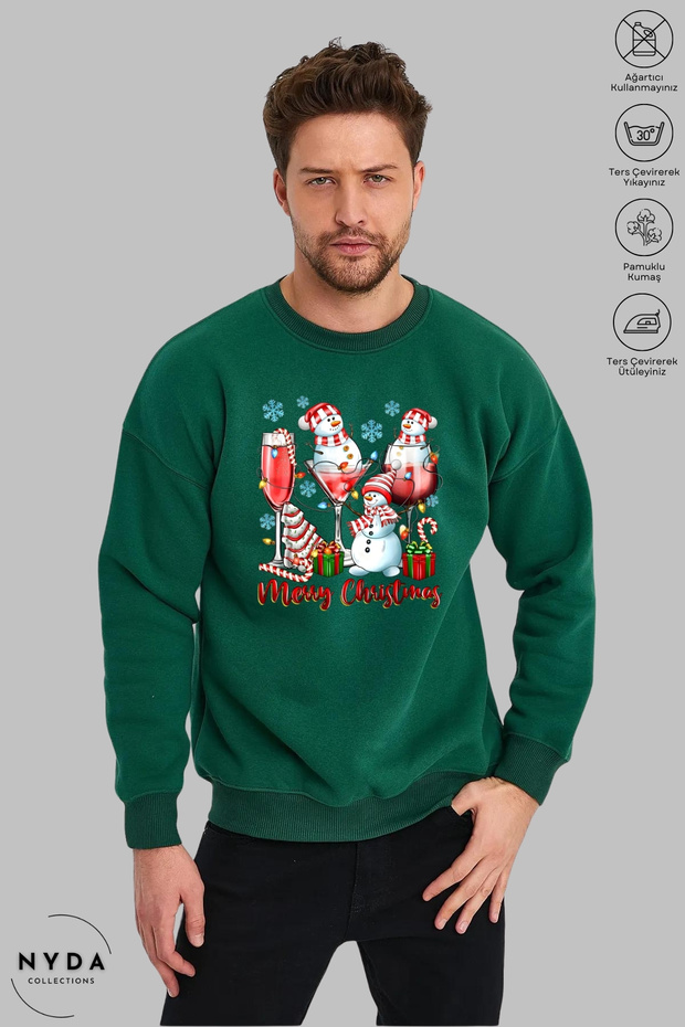 Unisex Long Sleeve Snowman New Year Printed Crew Neck Hoodless Fleece-Lined Oversized Sweatshirt