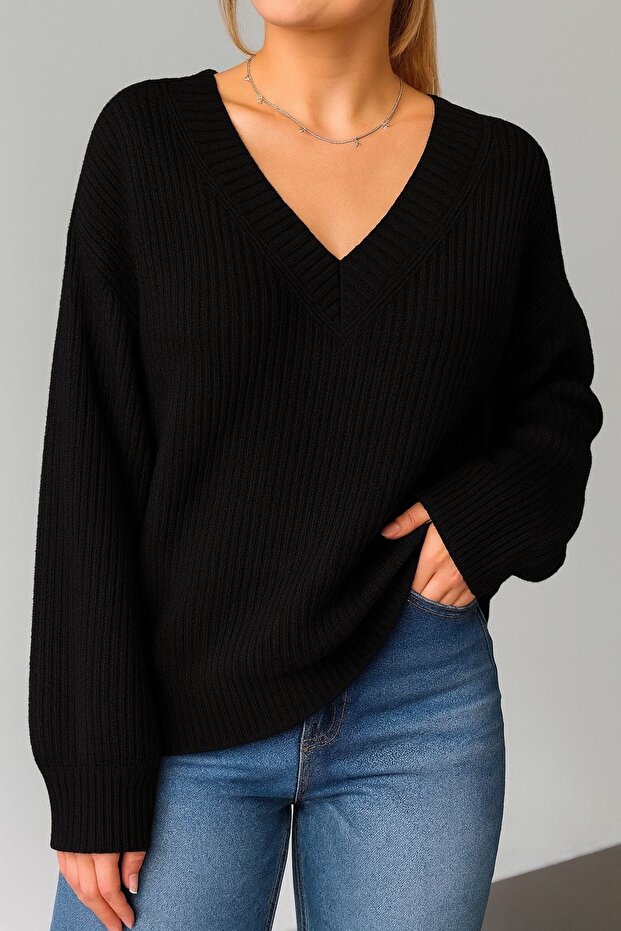 KADIN DÖKÜMLÜ V YAKA SELANİK ÖRGÜ BASİC KAZAK - 3