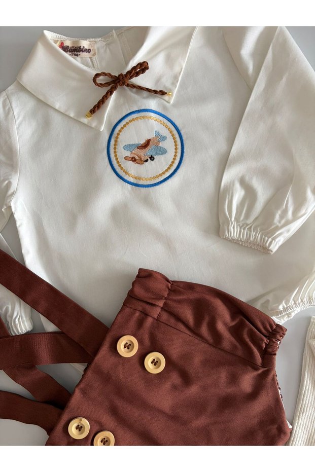 Handmade 100% Cotton Baby Boy Cute Airplane Embroidery Suit - Long Sleeve - Romper Shorts