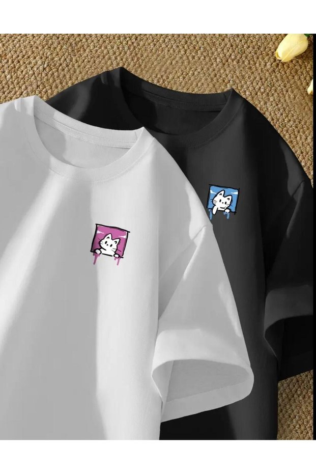 Kedi Printed Crew Neck Short Sleeve Unisex 2-Piece Tshirt White - Black