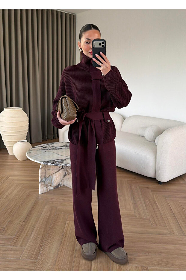 Mock Neck Piece Belted Knitwear Set Plum - Claret Red
