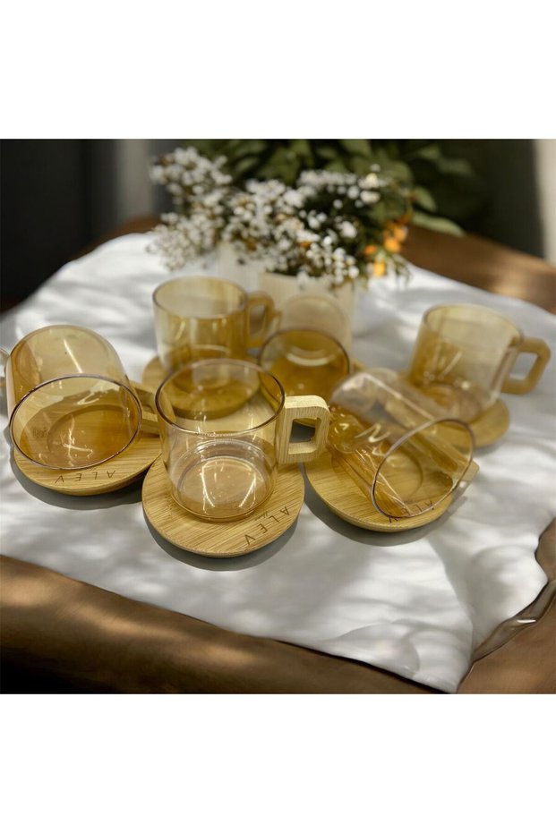 Glass Cup Set with Bamboo Plate, Set of 6 – Transparent Amber Color, Tea & Coffee Cup with Wooden Handle