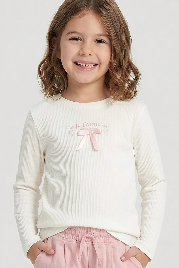 Girl's Bow Embroidered Ribbed Knit Long Sleeve Bodysuit