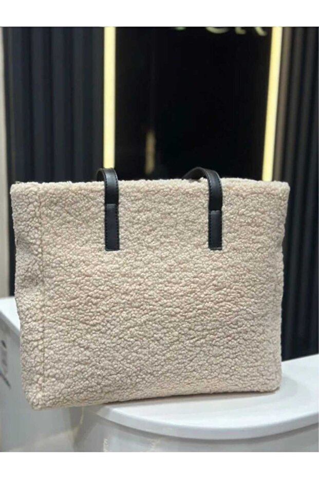 Women's Large Size Plush Fabric Shoulder Bag Cream Strap Black