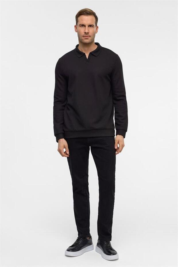 Siyah Regular Düz Polo Yaka Sweatshirt - 7