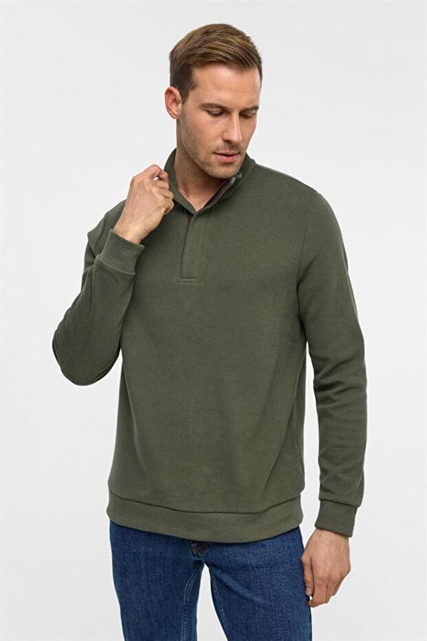 Haki Regular Düz Polo Yaka Sweatshirt - 4