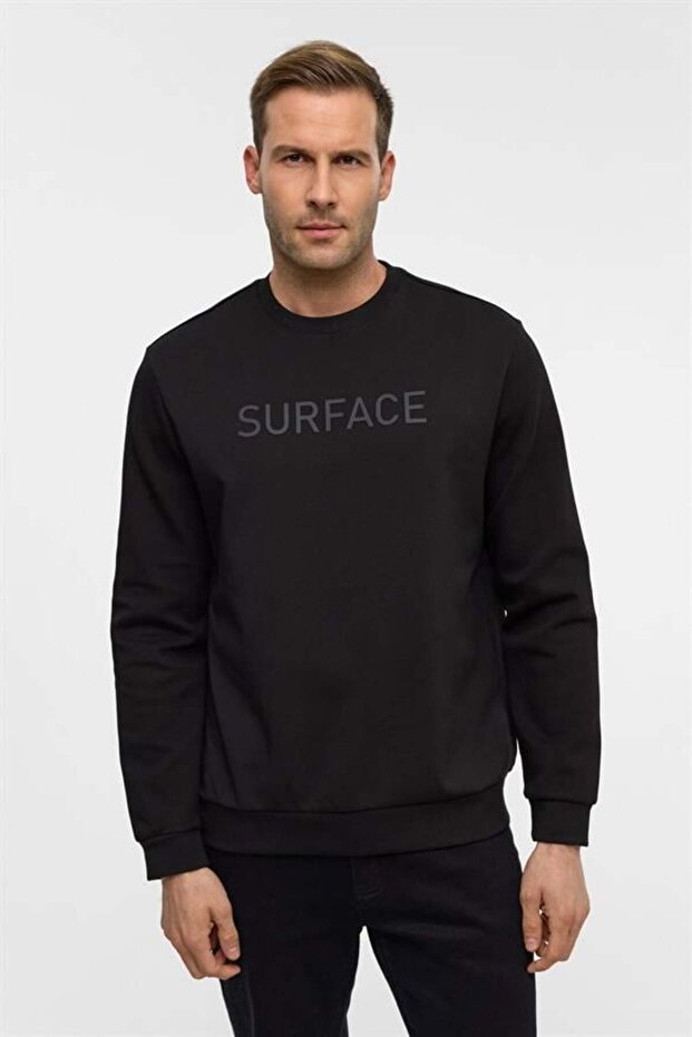 Siyah Regular Düz Bisiklet Yaka Sweatshirt - 1