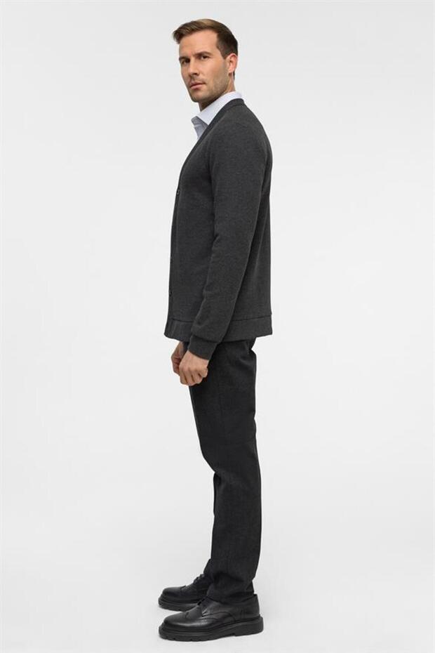 Antrasit Regular Düz V Yaka Hırka - 7