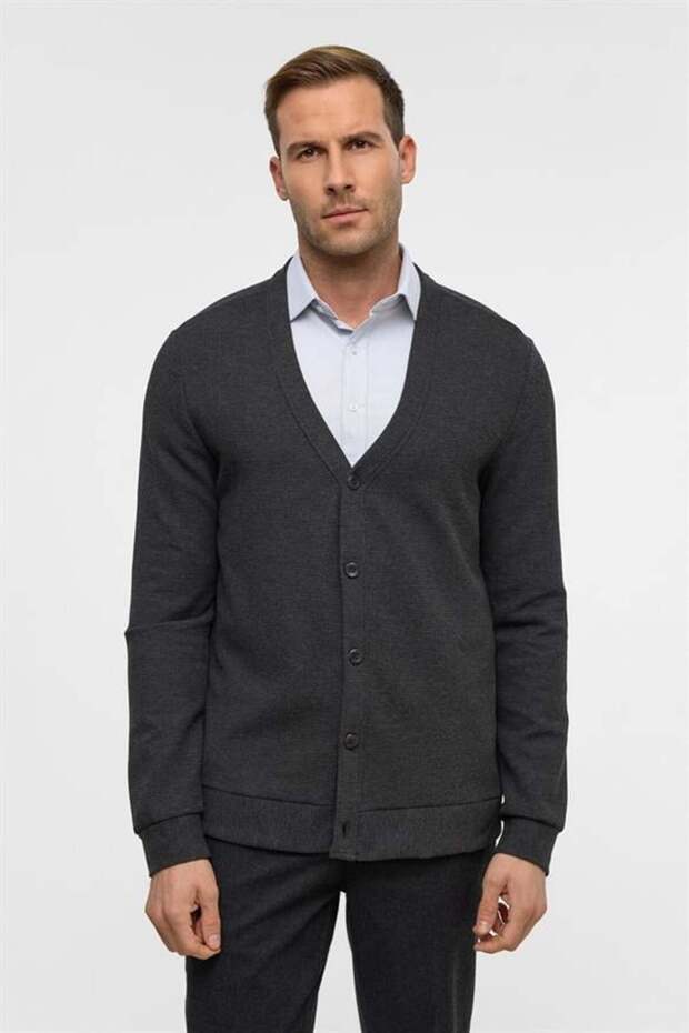 Antrasit Regular Düz V Yaka Hırka - 1