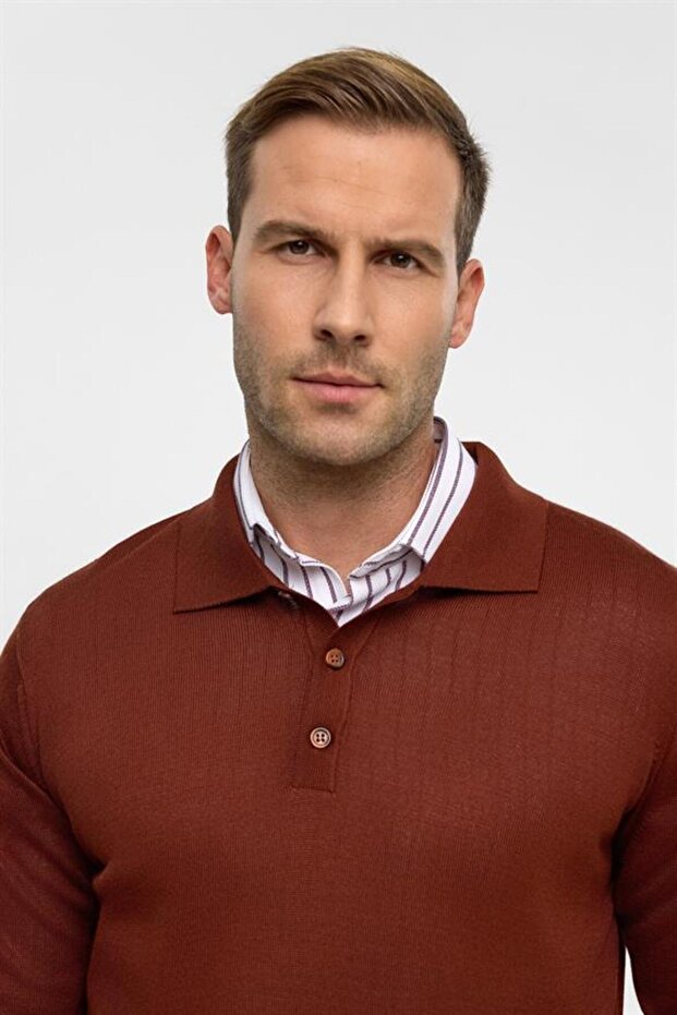 Kiremit Regular Düz Polo Yaka Triko - 4