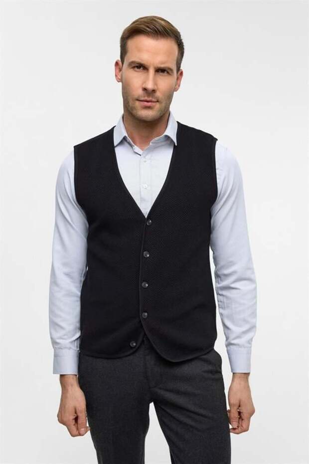 Siyah Regular Kapitone V Yaka Yelek - 1