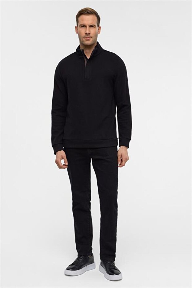 Siyah Regular Düz Polo Yaka Sweatshirt - 5