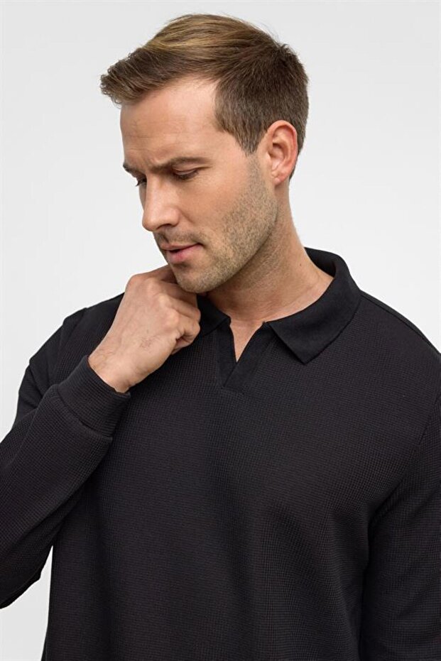 Siyah Regular Düz Polo Yaka Sweatshirt - 4