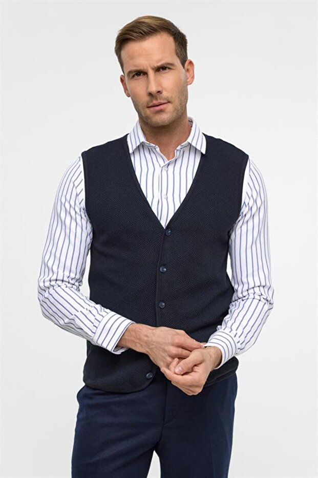 Lacivert Regular Kapitone V Yaka Yelek - 2