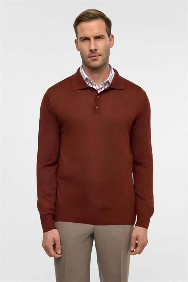 Kiremit Regular Düz Polo Yaka Triko - 1