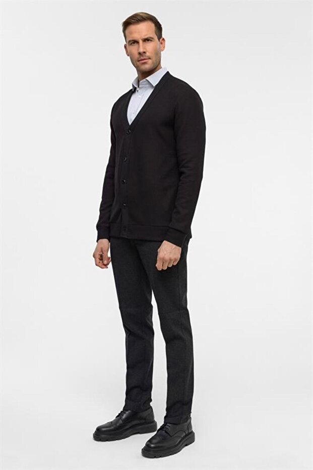 Siyah Regular Düz V Yaka Hırka - 7