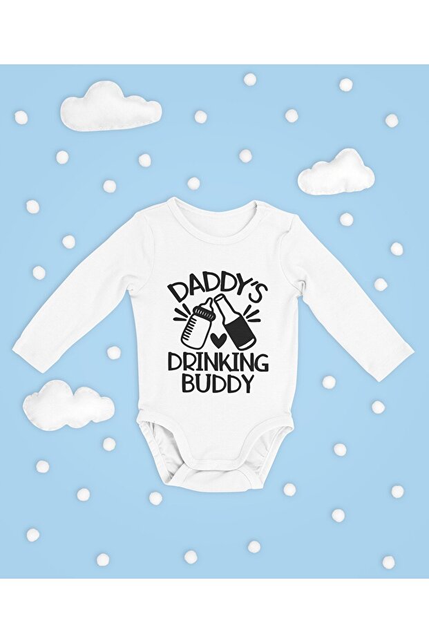 Daddys Drinking Buddy Written Cotton Soft Unisex Snap Fastener Long Sleeve Bodysuit