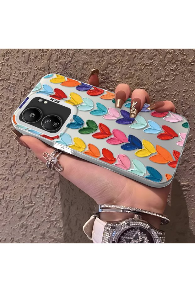 Xiaomi Redmi 13C Compatible Silicone Edge Hard Back Anti-Fall Case Colorful Heart