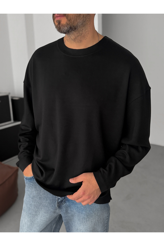 Siyah Modal Kumaş Likralı Oversize Sweatshirt By - 2
