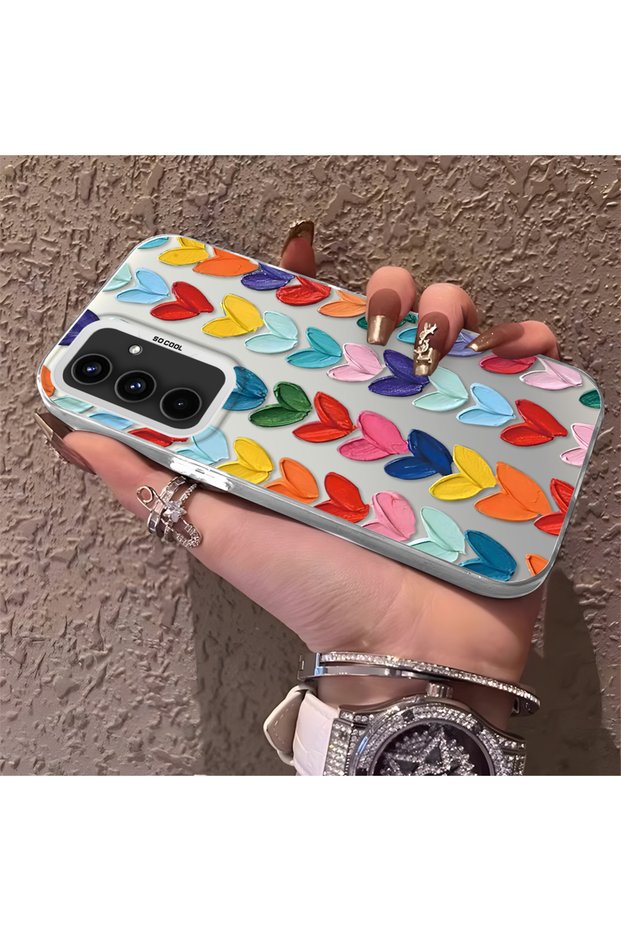 Samsung Galaxy A54 Compatible Silicone Edge Hard Back Anti-Fall Case Colorful Heart