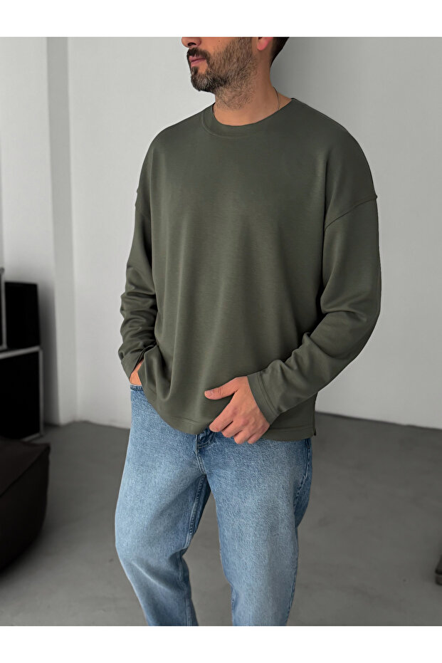 Haki Modal Kumaş Likralı Oversize Sweatshirt By - 3