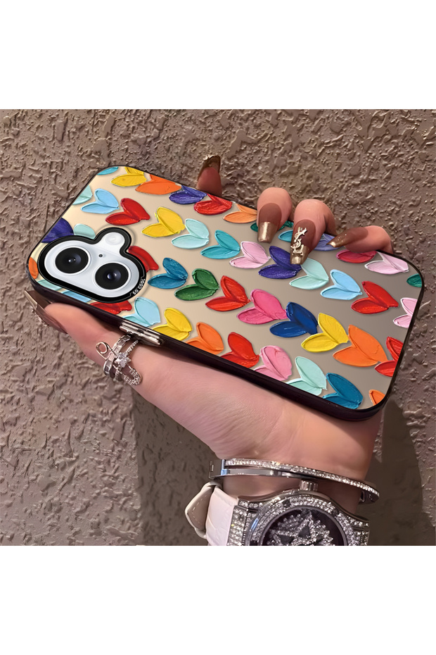 iPhone 16 Compatible Silicone Edge Hard Back Anti-Fall Case Colorful Heart