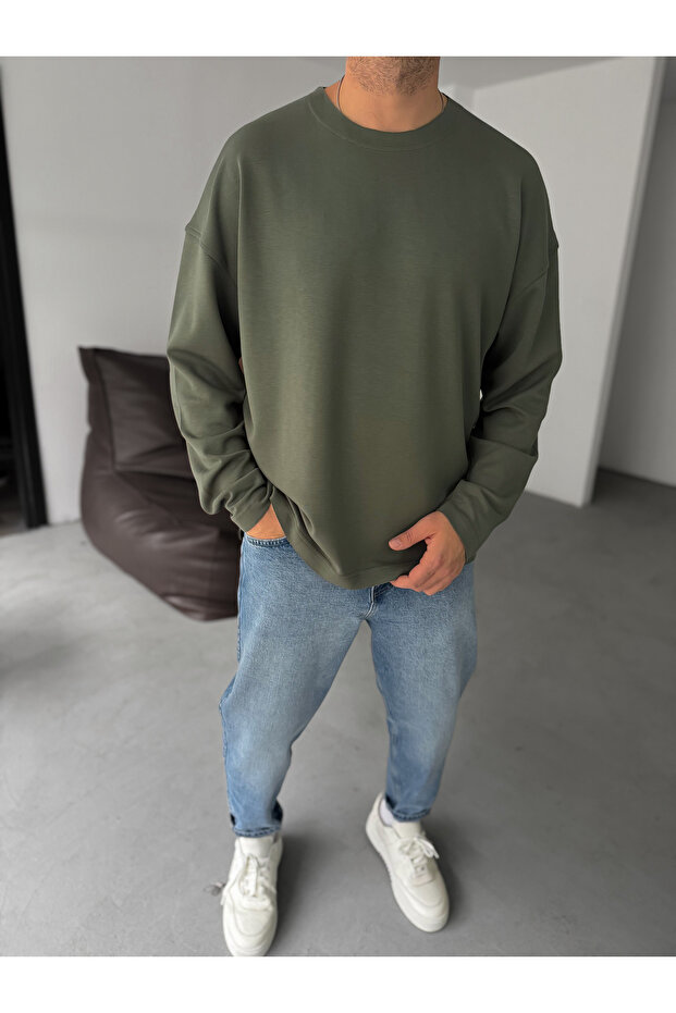 Haki Modal Kumaş Likralı Oversize Sweatshirt By - 4