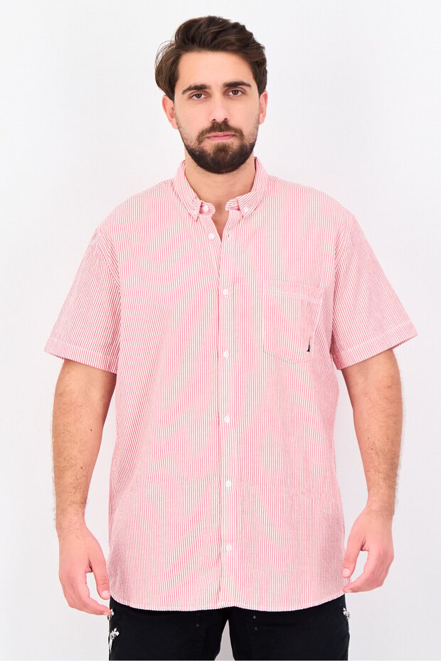 Men Classisc Fit Stripe Short Sleeve Casual Shirt, Red