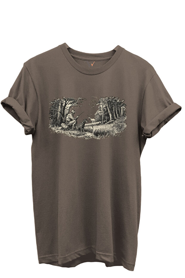 Forest Scene with Nature and Hunting Concept Printed 100% Cotton Regular Fit Crew Neck Unisex T-Shirt