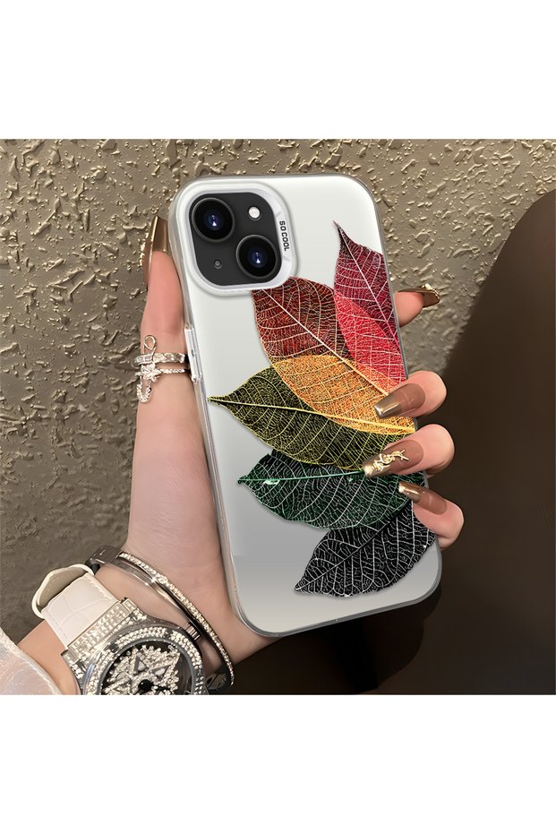 iPhone 15 Compatible Silicone Edge Acrylic Back Colorful Leaf Protective Case